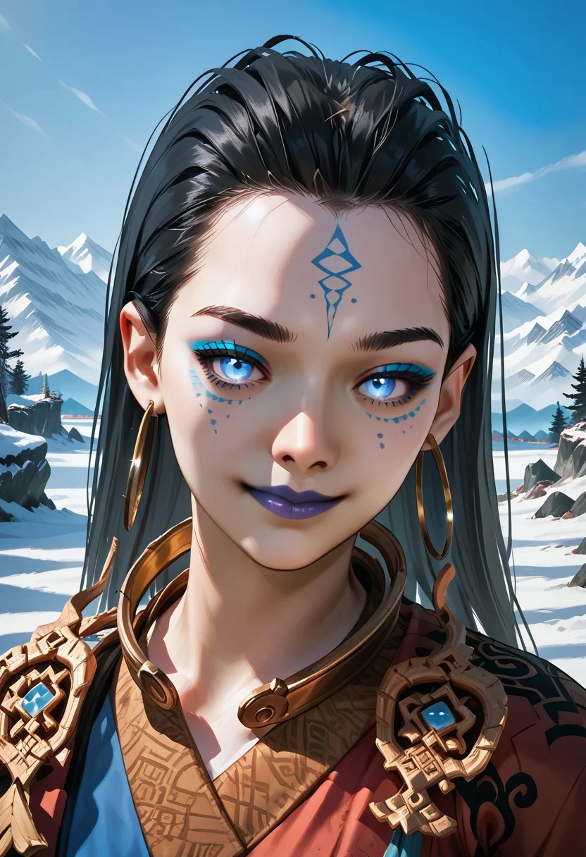score_9,score_8_up,score_7_up,source_anime, Kang-Jin Star,1girl,solo,looking at viewer,smile,closed mouth,jewelry,upper body,outdoors,earrings,sky,day,makeup,snow,hoop earrings,mountain,