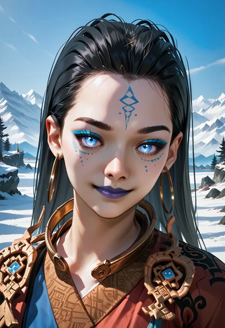 score_9,score_8_up,score_7_up,source_anime, Kang-Jin Star,1girl,solo,looking at viewer,smile,closed mouth,jewelry,upper body,outdoors,earrings,sky,day,makeup,snow,hoop earrings,mountain,