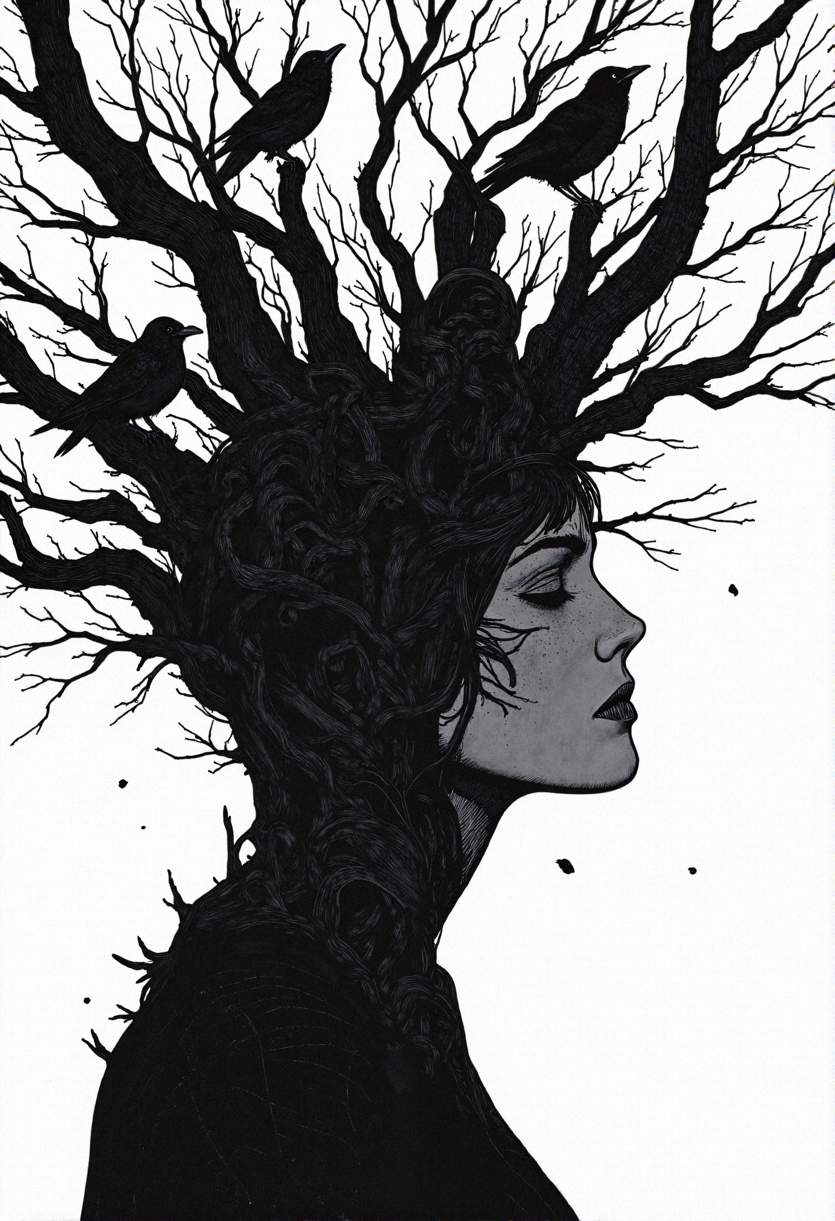 aidmaHyperrealism, Comic book illustration
A strikingly surreal monochrome artwork portraying the profile of a woman whose very essence is woven into the fabric of an eerie, leafless forest, her body dissolving into an intricate web of twisting, skeletal branches that extend infinitely into the void. Her eyes are shadowed, lost in deep contemplation, as if she exists beyond time, a ghostly figure bound to the trees that shape her form. Crows perch delicately among the branches, silent harbingers of fate, their dark silhouettes a stark contrast against the stark, ethereal backdrop**. The textures are finely detailed, mimicking hand-drawn ink techniques with an exquisite balance of shading and negative space, giving the image a haunting, dreamlike quality. This piece captures the melancholy beauty of transience, the fusion of humanity and nature, and the quiet poetry of decay and rebirth.
 <lora:Comic_Style_-_FLUX:1.0>