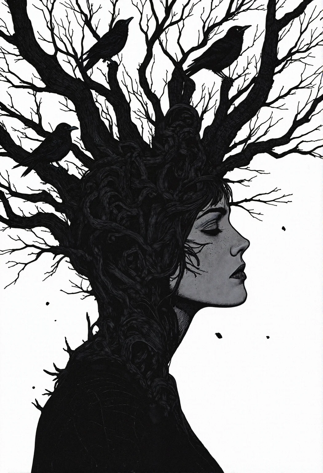 aidmaHyperrealism, Comic book illustration
A strikingly surreal monochrome artwork portraying the profile of a woman whose very essence is woven into the fabric of an eerie, leafless forest, her body dissolving into an intricate web of twisting, skeletal branches that extend infinitely into the void. Her eyes are shadowed, lost in deep contemplation, as if she exists beyond time, a ghostly figure bound to the trees that shape her form. Crows perch delicately among the branches, silent harbingers of fate, their dark silhouettes a stark contrast against the stark, ethereal backdrop**. The textures are finely detailed, mimicking hand-drawn ink techniques with an exquisite balance of shading and negative space, giving the image a haunting, dreamlike quality. This piece captures the melancholy beauty of transience, the fusion of humanity and nature, and the quiet poetry of decay and rebirth.
<lora:Comic_Style_-_FLUX:1.0>