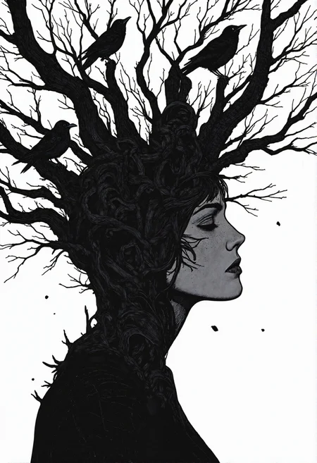 aidmaHyperrealism, Comic book illustration
A strikingly surreal monochrome artwork portraying the profile of a woman whose very essence is woven into the fabric of an eerie, leafless forest, her body dissolving into an intricate web of twisting, skeletal branches that extend infinitely into the void. Her eyes are shadowed, lost in deep contemplation, as if she exists beyond time, a ghostly figure bound to the trees that shape her form. Crows perch delicately among the branches, silent harbingers of fate, their dark silhouettes a stark contrast against the stark, ethereal backdrop**. The textures are finely detailed, mimicking hand-drawn ink techniques with an exquisite balance of shading and negative space, giving the image a haunting, dreamlike quality. This piece captures the melancholy beauty of transience, the fusion of humanity and nature, and the quiet poetry of decay and rebirth.
<lora:Comic_Style_-_FLUX:1.0>