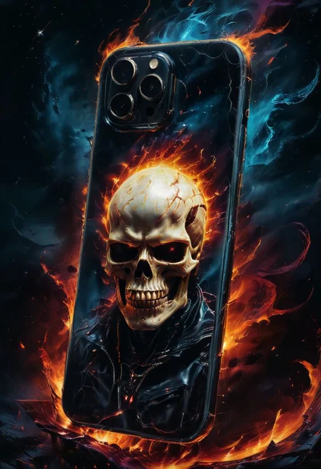 Knight Jack, combination of purple and deep red in the background of a death metal smartphone album artwork under the stars creates a striking contrast, setting a powerful and intense tone. The dark yellow and light blue accents add a layer of complexity, enhancing the technological and cool appearance of the smartphone.