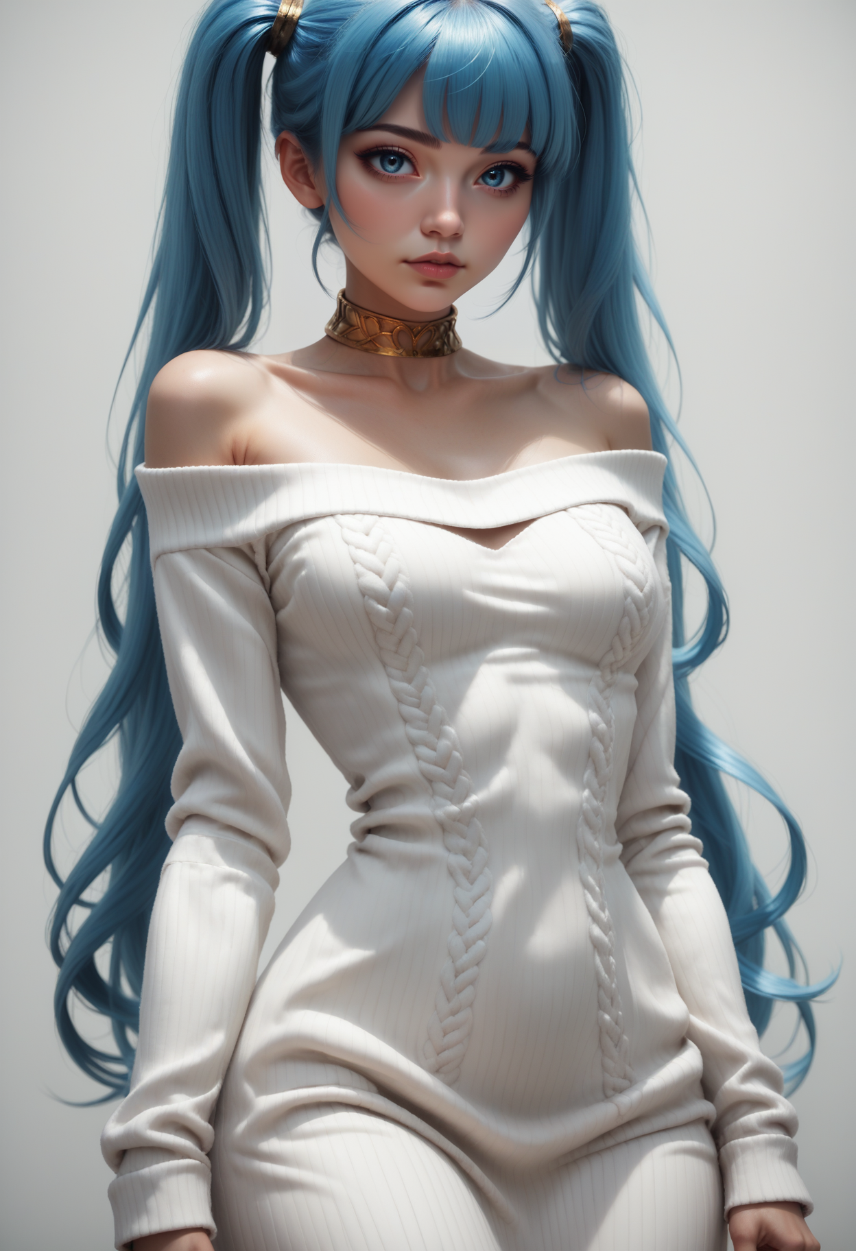 score_9, score_8_up, score_7_up, 1girl, solo, sexy sweater dress, white dress, long sleeves, bare shoulders, scoop neck, gold choker, <lora:Dark_Somi_Pony_v0.1:0.5> d4rks0m1, long blue hair, twintails, blue eyes,