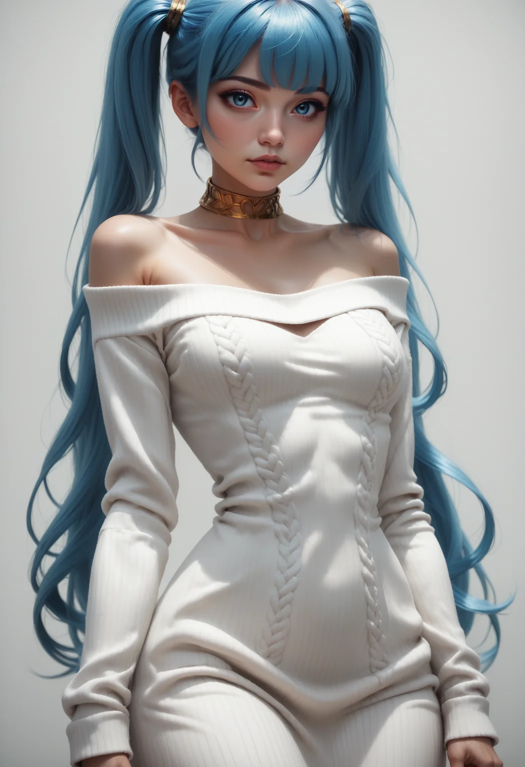 score_9, score_8_up, score_7_up, 1girl, solo, sexy sweater dress, white dress, long sleeves, bare shoulders, scoop neck, gold choker, <lora:Dark_Somi_Pony_v0.1:0.5> d4rks0m1, long blue hair, twintails, blue eyes,