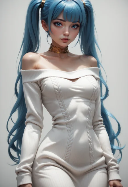 score_9, score_8_up, score_7_up, 1girl, solo, sexy sweater dress, white dress, long sleeves, bare shoulders, scoop neck, gold choker, <lora:Dark_Somi_Pony_v0.1:0.5> d4rks0m1, long blue hair, twintails, blue eyes,