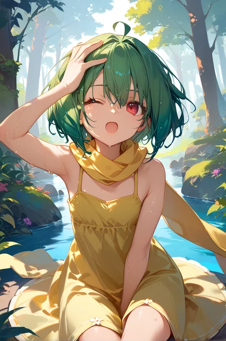 score_9, score_8_up, score_7_up, very aesthetic, source_anime, detailed,
forest,
cowboy shot, one eye closed, open mouth, looking at viewer,
own hand on head, sitting, wet, in pain,
1girl, flat chest, petite female,
<lora:rankaDress_autismConfetti_v04:0.99>ranka lee, green hair, red eyes, short hair, ahoge,
yellow dress, sleeveless, bare shoulders, yellow scarf, brown boots, ahoge, zPDXL