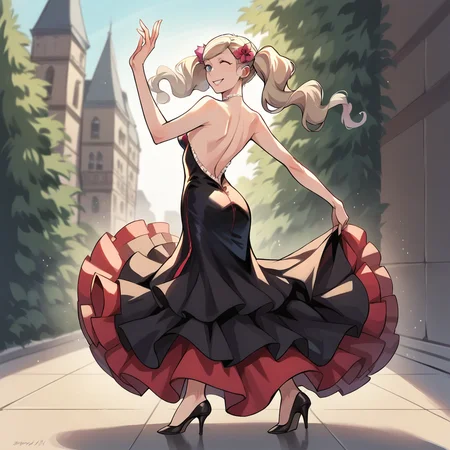 score_9, score_8_up, score_7_up, score_6_up, score_5_up, score_4_up, zPDXL2,source_anime,rating_questionable,1girl, solo, outdoors, ann takamaki ,<lora:Flamenco_Dress:0.8> fl4m3nco, hair flower, long black dress, frills, backless dress, high heels, dancing, smile