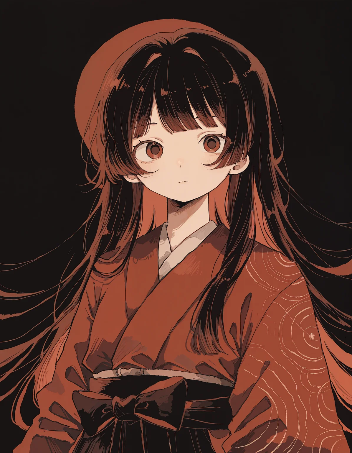 masterpiece,  best quality, newest, highres, absurdres, <lora:wasabi_natsume_style_r1:1>,wasabi_natsume_illu,abstract,1girl, solo, long hair, looking at viewer, upper body, bangs, red theme, japanese clothes,blending,