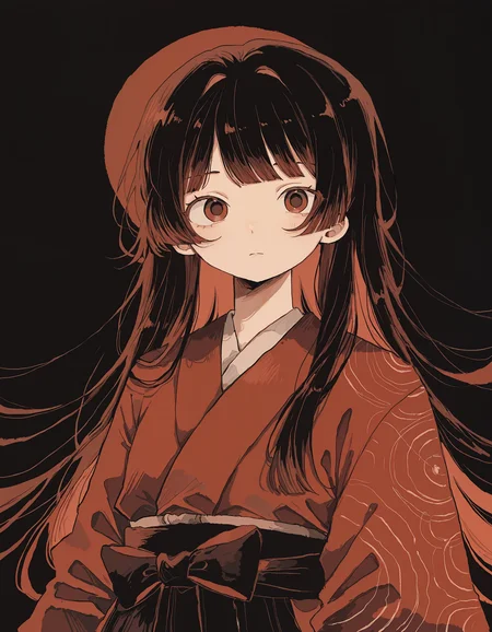 masterpiece, best quality, newest, highres, absurdres, <lora:wasabi_natsume_style_r1:1>,wasabi_natsume_illu,abstract,1girl, solo, long hair, looking at viewer, upper body, bangs, red theme, japanese clothes,blending,