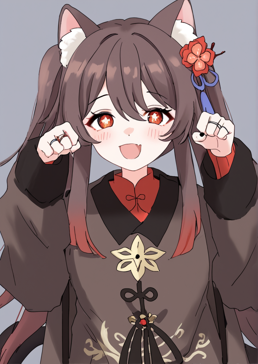 1girl, hu tao (genshin impact), huge breast, animal ears, breasts, brown coat, brown hair, cat ears, cat tail, coat, flower, flower-shaped pupils, hair flower, hair ornament, jewelry, kemonomimi mode, long hair, multiple rings, no headwear, open mouth, paw pose, plum blossoms, red eyes, ring, smile, solo, symbol-shaped pupils, tail, twintails, zPDXL3 <lora:bobok:1>