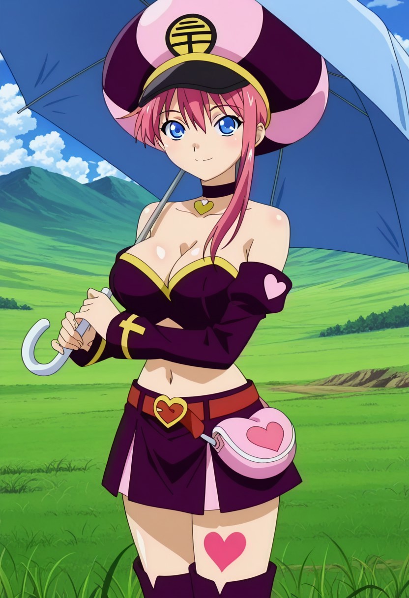 finetuneanime,anime screencap, official art, detailed anime, ultra detailed anime art, anime screencap, screencap, score 9, score 8 up, score 7 up, masterpiece, anime coloring, source anime,
BREAK
MionBase, 1girl, blue eyes, solo, pink hair, short hair with 1long lock, large breasts, curvy, fair skin, shiny skin, smoothy skin, fair skin, fair skin, NEGATIVE_HANDS, 
BREAK
milticolored hat, purple and pink hat, cleavage, midriff, choker, navel, purple and pink crop top, belt, purple long detached sleeves, purple miniskirt, thigh heart tattoo, pink hip bag, purple knee boots,
BREAK
cowboy shot, standing, holding umbrella, blue umbrella with pink hearts, blue umbrella on shoulder, sensual look, smile, eyes half open, posing, sensual pose, wasteland, grass, hills, day, perfect weather, clouds, detailed background,