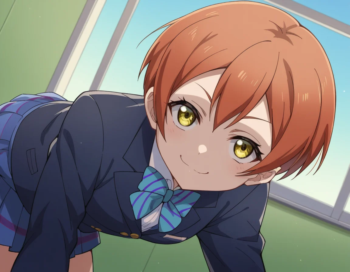 score_9, score_8_up, score_7_up, source_anime, <lora:rin-hoshizora-s1-ponyxl-lora-nochekaiser:1>, rin hoshizora, short hair, jacket, yellow eyes, orange hair, pixie cut,, skirt, school uniform, jacket, blazer, winter uniform, otonokizaka school uniform,, indoors, bent over, smile, smug, looking at viewer, solo,, cowboy shot, dutch angle