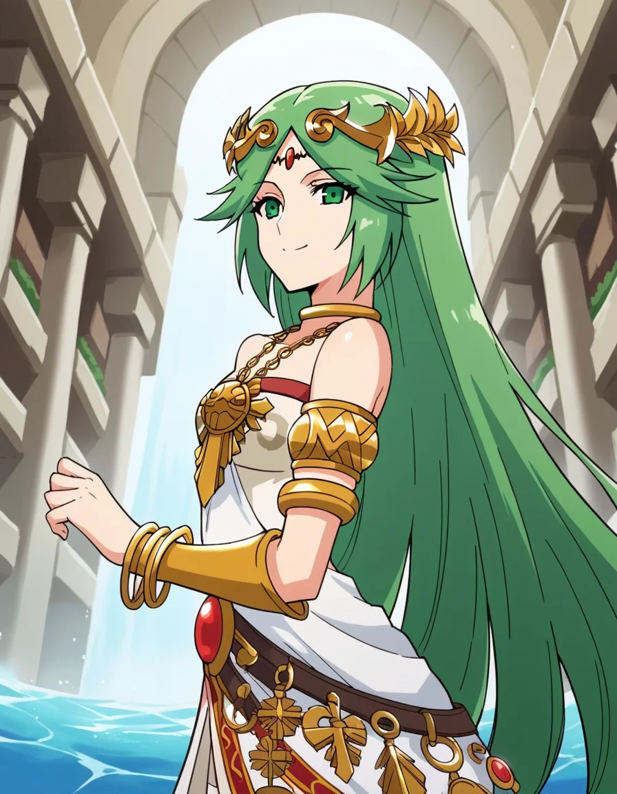 score_9, score_8_up, score_7_up, source_anime, <lora:palutena-trailer-ponyxl-lora-nochekaiser:1>, palutena, long hair, bangs, very long hair, green eyes, green hair, parted bangs,, dress, bare shoulders, jewelry, necklace, white dress, strapless, tiara, strapless dress, armlet, neck ring, gold,, aqueduct, water, stone, arches, ancient, smile, from side, looking at viewer, solo,, dutch angle, cowboy shot