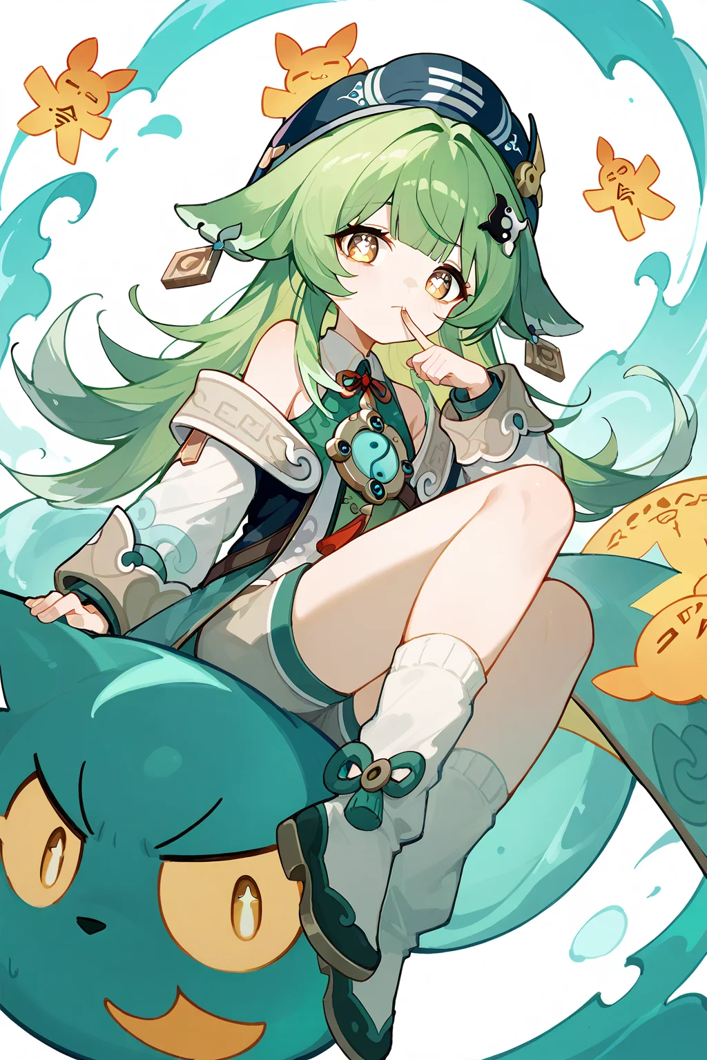 (score_9,score_8_up,score_7_up),<lora:HuoHuo(Honkai Star Rail)-v1-000006:0.8>,HuoHuo(Honkai: Star Rail),1girl,solo,green hair,yellow eyes,shorts,long hair,animal ears,bangs,bright pupils,looking at viewer,white pupils,abstract background,hat,finger to mouth,
good feet,anime,NSFW,expressive,amazing quality,ultra hd 32k,
