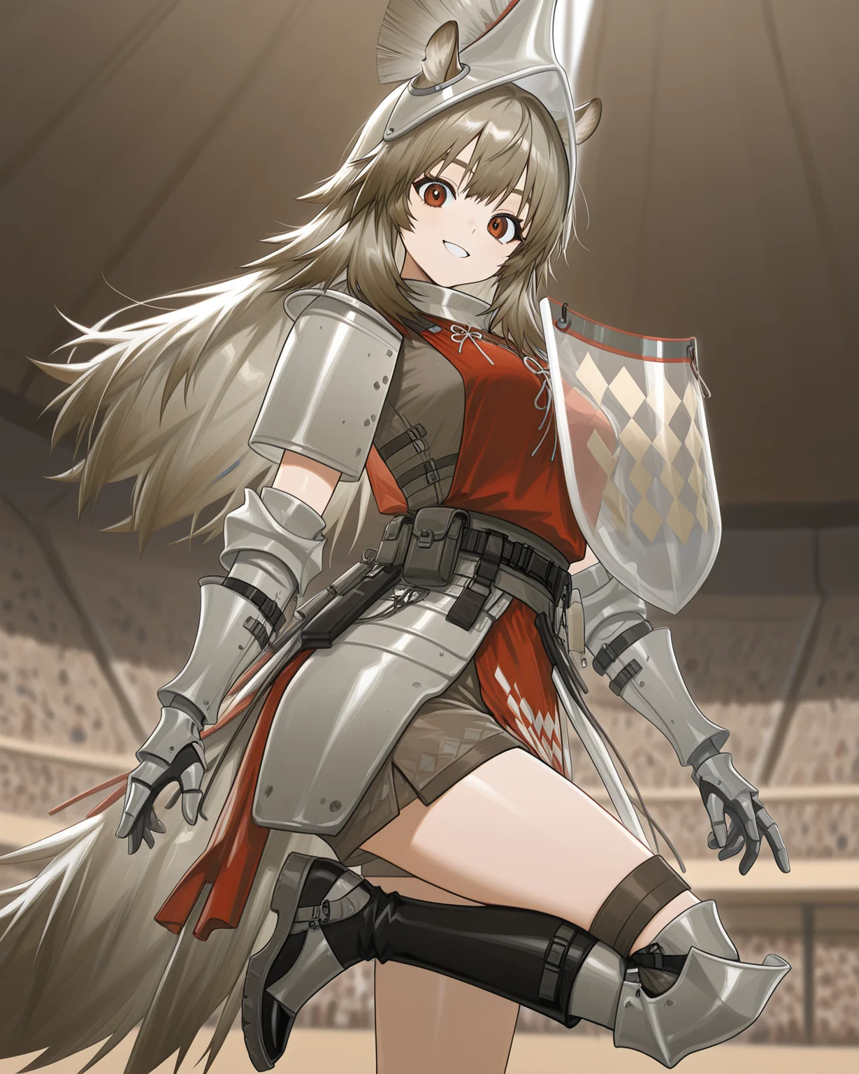 masterpiece, best quality, absurdres, perfect beautiful accurate depth-of-field, w1ldman3ak, WMAK armor, horse ears, horse tail, smile, WMAK Helmet, face-focused, perfect beautiful detailed deep red eyes, breasts, WMAK Gauntlets, intricate detailed arena background, looking at viewer, contrapposto, tagged ear, WMAK boots, leg up, standing on one leg