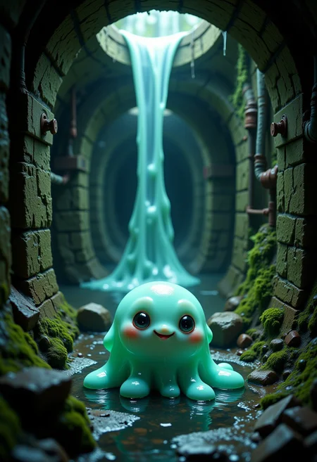 aidmaMJ6.1, aidmaimageupgrader, anmlsCE style:0.7,An artistic depiction of an adorable, slimey bloop-like creature sitting in a hyper-detailed sewer environment, smiling with childlike innocence. The creature is small and round, with a translucent, gelatinous body that glows faintly in shades of soft blue and green. Its wide, gleaming eyes and a tiny, playful mouth give it an irresistibly cute expression. Droplets of slime fall from its body, creating small ripples in the shallow, grimy water around it. The sewer is rendered with intricate detail: moss-covered stone walls, rusted pipes leaking water, and scattered debris such as broken tiles and scraps of metal. Soft beams of light stream through cracks above, reflecting on the wet surfaces and giving the scene a subtle glow. Despite the grimy setting, the bloop creature’s presence adds a cheerful, whimsical contrast, creating a heartwarming and visually captivating scene. (Hyperdetailed, surrealistic, 4k)