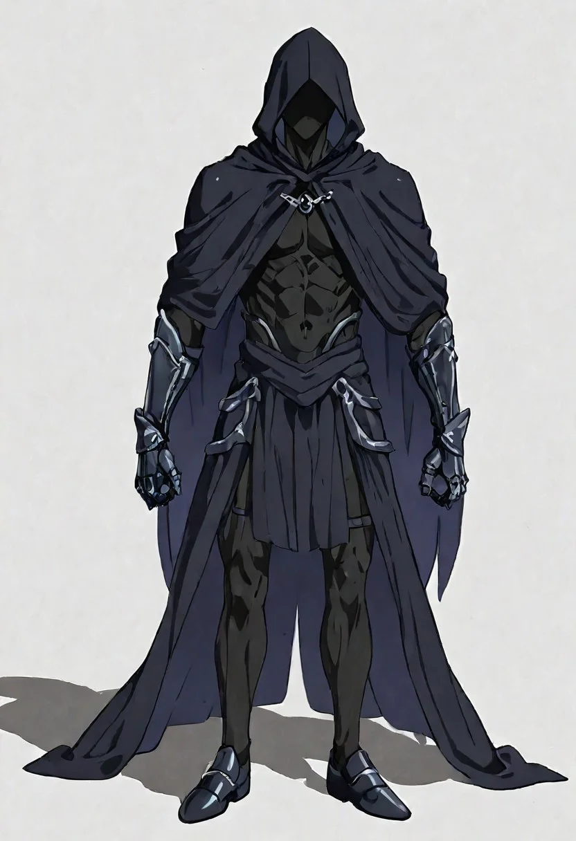 perfect composition, full body, solo, shadows, shading, <lora:anime_screencap-Illustrious:0.5> anime screencap, anime coloring, very aesthetic, absurdres, zPDXL, <lora:Pony_DetailV2.0:0.5> <lora:illustrious_quality_modifiers_masterpieces_v1:1>
jaune, 1boy, male focus, solo, blonde hair, blue eyes, gloves, dark hood, dark robes, 
<lora:Shadows_illusXLNoobAI_Incrs_v1.2:1> colored skin, black skin, (black hair, silhouette:1.5), no eyes, faceless, no highlights toned body, (muscles:0.7), dark robs, hood, cloak, cap, metal oots gauntlets, (white background:1.2)