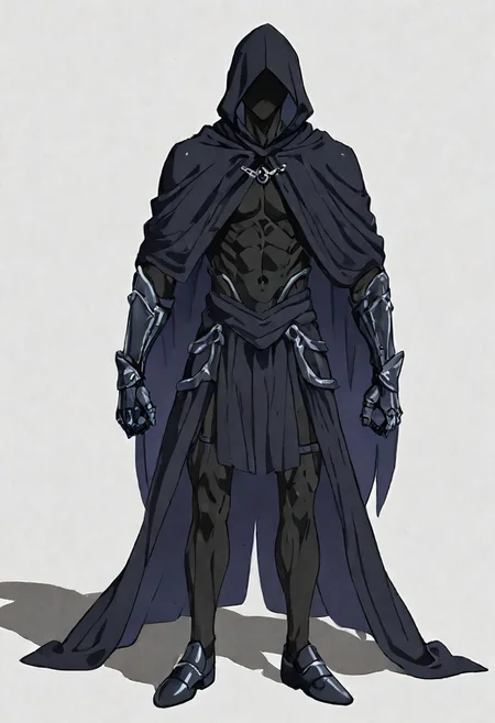 perfect composition, full body, solo, shadows, shading, <lora:anime_screencap-Illustrious:0.5> anime screencap, anime coloring, very aesthetic, absurdres, zPDXL, <lora:Pony_DetailV2.0:0.5> <lora:illustrious_quality_modifiers_masterpieces_v1:1>
jaune, 1boy, male focus, solo, blonde hair, blue eyes, gloves, dark hood, dark robes,
<lora:Shadows_illusXLNoobAI_Incrs_v1.2:1> colored skin, black skin, (black hair, silhouette:1.5), no eyes, faceless, no highlights toned body, (muscles:0.7), dark robs, hood, cloak, cap, metal oots gauntlets, (white background:1.2)