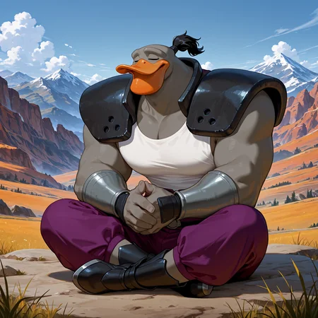 Score_9, score_8_up, score_7_up,result_9, result_8, result_7, result_6, masterpiece,solo.(Ultra best details), best quality, good binding quality,4k, ,1boy, 50lly2, (sharp focus, perfect_anatomy), , detailes face, detailed feathers, perfect anatomy, masterpiece, best quality, amazing quality, very aesthetic,highres, absurdres, ,Hardwing_(MD), orange beak, broad chin, grey skin, anthron duck, black ponytail, vizor, white tank top, shoulder pads, armband, purple pants, sitting, full body, crossed legs, eyes closed, hands together, meditating, up in a mountain, frontal view, outdoors, sky, clouds