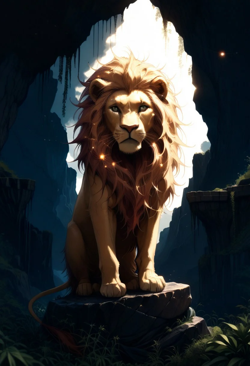 masterpiece, best quality, good quality, very awa, newest, highres, absurdres, ,score_9, score_8_up, score_7_up, Majestic lion, golden mane, standing on a rock, sunset light casting a warm glow