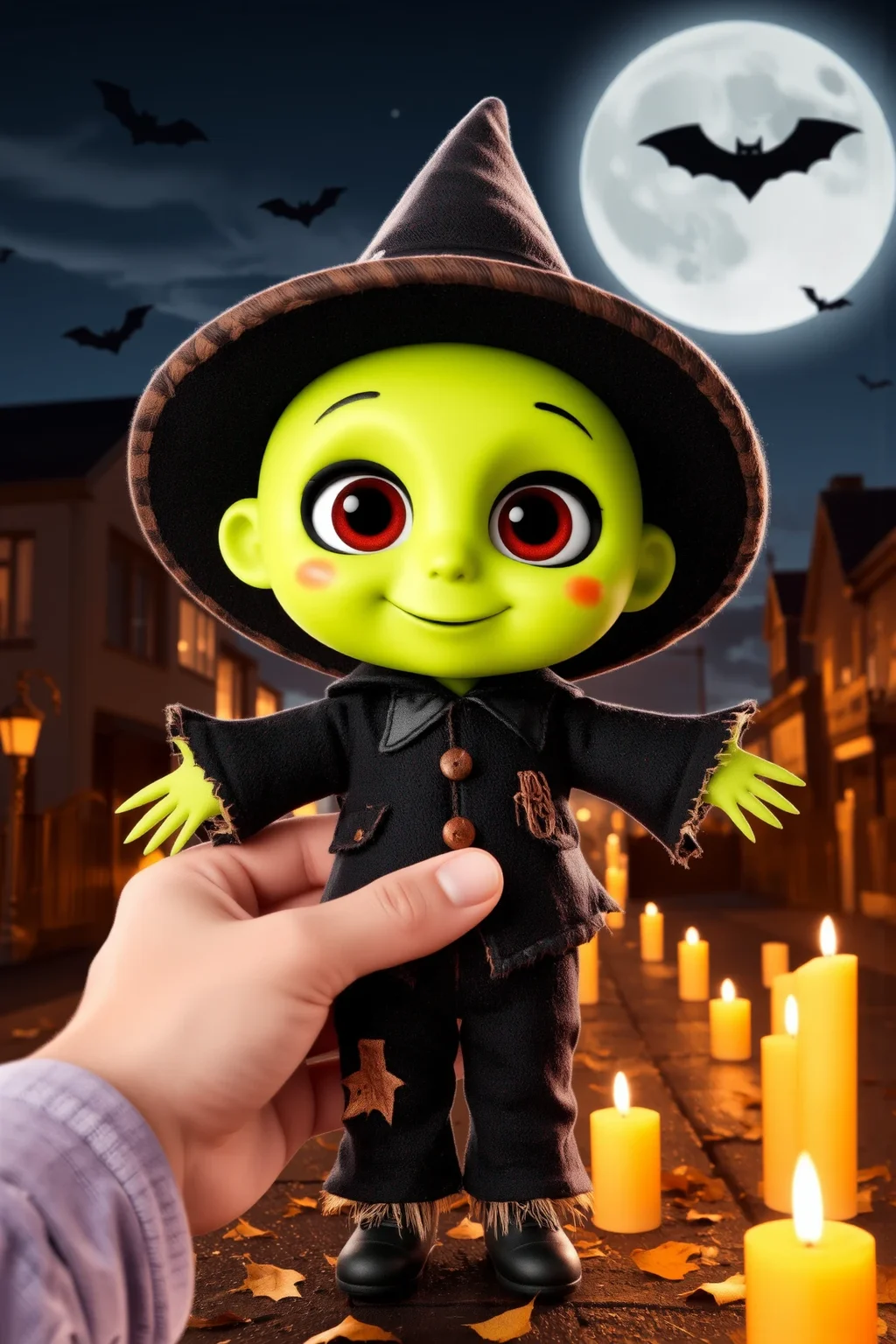 cute, halloween night, horror, (bats), moon in the sky, portrait, (standing:1.2), happy smiling, red eyes,(very detailed), best quality, sharp focus, Neon Green stitched-up scarecrow attire, floating candles, gothic horror, wind blowing leaves through the street, lightning flashes, ethereal lights, backlight, shadows, high contrast, hdr, <lora:Anti-Blur:0.8> <lora:Hand v2:0.8> Detailed hand, Hand, Perfect hand <lora:aidmaImageUpgrader:0.8> aidmaimageupgrader <lora:PinkieChibiHalloweenFLUX:0.8> pinkchibihalloween