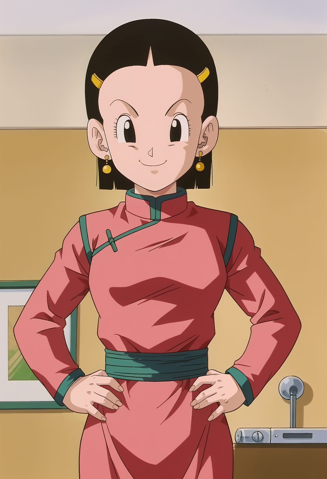 <lora:Chi-Chi-Dragon_Ball_GT:0.9>,Chi-Chi,mature female,1girl,solo,black hair,black eyes,hair ornament,hairclip,short hair,chinese clothes,cowboy shot,hands on own hips,looking at viewer,indoors,light smile,
