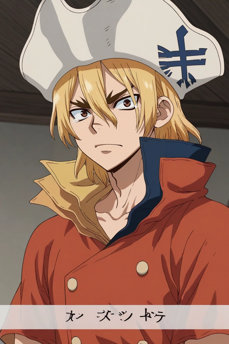 score_9, score_8_up, score_7_up, source_anime, rating_safe, , anime screencap, , , looking at viewer, depth of field, 1boy, solo, male focus, <lora:ryuusui_nanami_pony:1>, ryuusui_nanami, blonde hair, brown eyes, hair between eyes, pirate hat, panorama, plaza, indoors, dark, singing, tearing up, , <lora:sdxl_lightning_8step_lora:1>