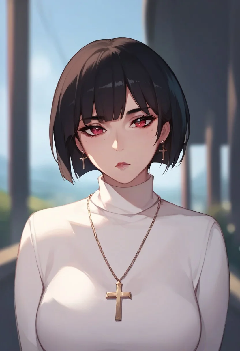 score_9,score_8_up,score_7_up, 1girl, solo, short hair, black hair, jewelry, looking at viewer, necklace, cross, portrait, bangs, red eyes, closed mouth, turtleneck, blurry background, cross necklace, lips, piercing, blurry, bob cut, eyelashes