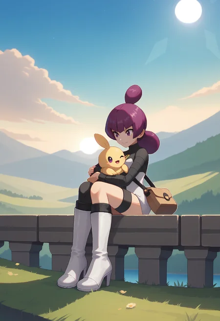 score_9, score_7_up BREAK 1girl,sitting,gingadanjupiter,purple hair, purple eyes, medium hair,two-tone bodysuit, knee boots, white footwear, long sleeves, high heels, asymmetrical clothes, asymmetrical legwear,outdoors,day,sun,light particles,hugging pokemon \(creature\), scenery,bag,happy <lora:itzah_pd:1> <lora:Jptr_pdxl_EliPot_v2:0.8>