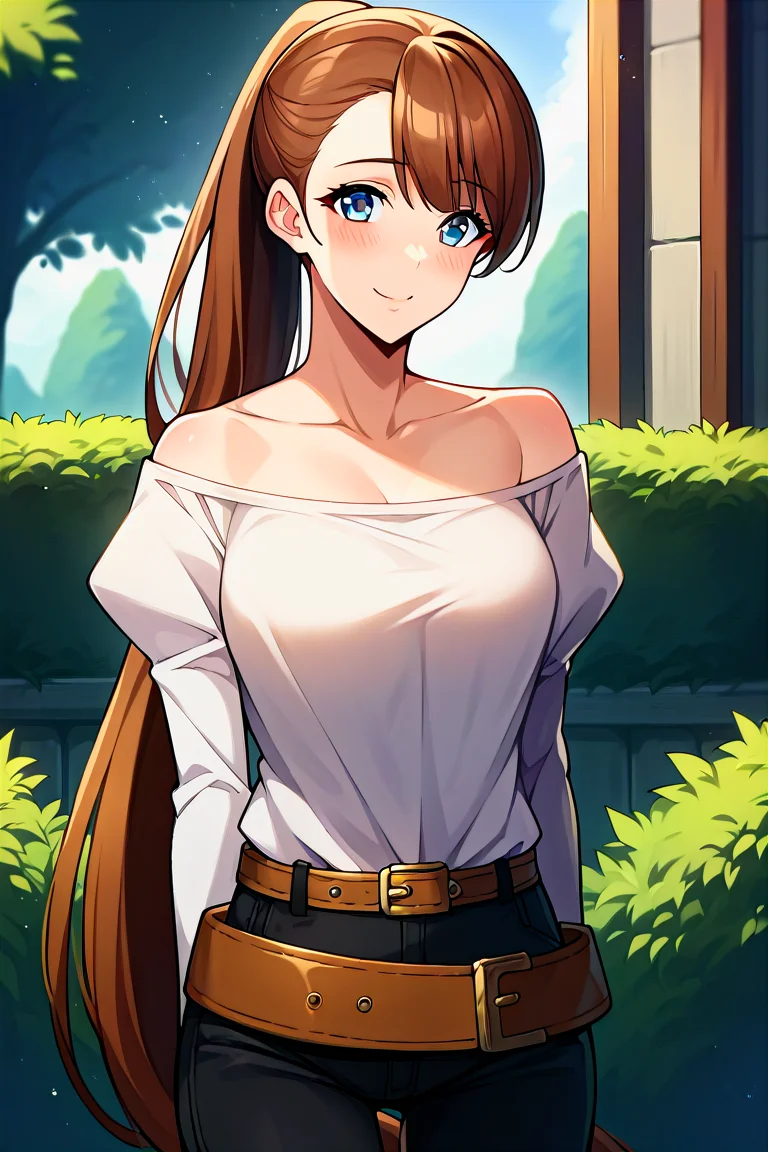 score_9, score_8_up, score_7_up, score_6_up, score_5_up, score_4_up, rating_questionable, , source_anime, digital illustration, pixiv, fanbox, uncensored, , BREAK, official art,
1girl, solo, female, joohee,, reddish brown hair, blue eyes, long hair, ponytail,
white shirt, off shoulder, puffy sleeves, black pants, belt, hand behind back, cute, light smile, outdoors, blush, looking at viewer, cowboy shot, <lora:Joohee_Pony-10:0.9>