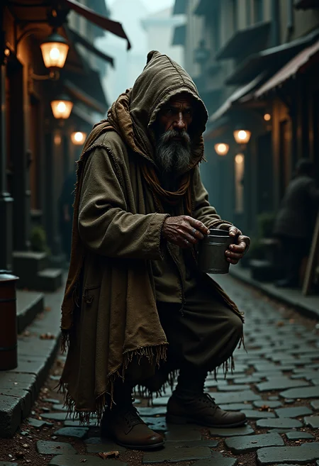 Rancid Ron is depicted as a figure of both repulsion and bizarre reverence in the shadowy streets of Ankh-Morpork. A gaunt, ragged beggar wrapped in layers of mismatched, tattered clothing, he wears a hat thatâs been patched and mended countless times, and clutches a battered tin cup for collecting alms. His odorâa complex bouquet of unwashed wool, rotten vegetables, and something distinctly fungalâwafts visibly through the air, creating a palpable haze around him that even the cityâs resilient inhabitants seem to avoid. Standing in the damp, cobblestone streets amid the fog and dim lamplight, Rancid Ron appears less like a man and more like an eccentric urban legend, with his aura marking his territory as a high-ranking member of the beggarsâ guild. The scene reflects the grime and quirkiness of Ankh-Morpork, capturing its eccentric charm and the distinctive, grimy characters that populate the Discworld.