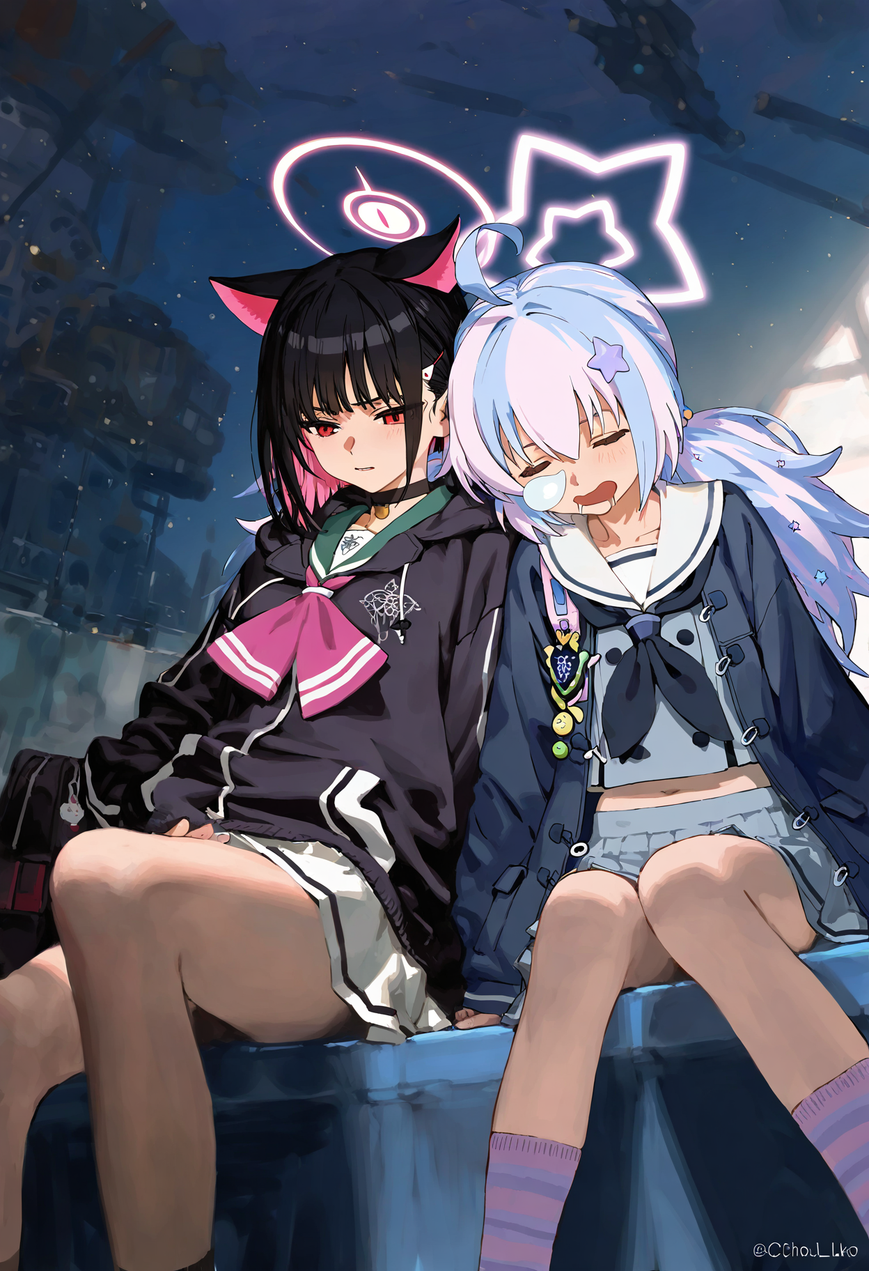 kazusa \(blue archive\), reisa \(blue archive\),sfw,very awa,highres,absurdres,incredibly absurdres,masterpiece,oil painting \(medium\),Yasuda Akira,(henriiku (ahemaru):1.3),armored core,artist:ciloranko,artist:sho sho lwlw,(as109:0.7),ink (medium),, (2girls:1.5), black neckerchief, blue hair, buttons, double-breasted, drooling, grey serafuku, halo, light blue hair, midriff peek, multicolored hair, neckerchief, nose bubble, pink hair, pink halo, pleated skirt, refraction, saliva, school uniform, serafuku,skirt, sleeping, socks, star halo, striped clothes, striped socks,