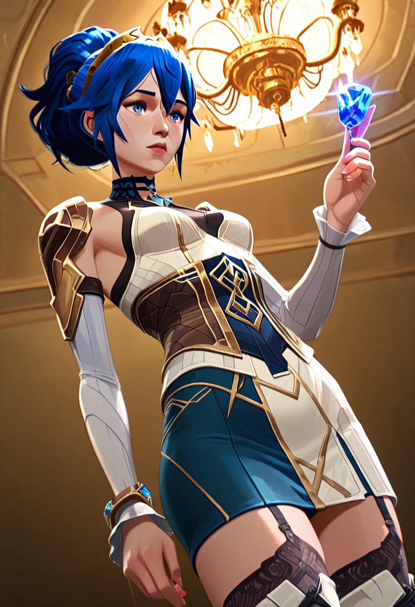 1girl, Lucina, (((elegant hextech corset with glowing blue gemstones and intricate gold filigree))), thigh-high stockings with circuit-like seams, electric-blue hair in a high ponytail, sapphire eyes gleaming with mischief, standing in a grand Piltover ballroom, chandeliers reflecting off her armor, holding a champagne glass filled with shimmering liquid, Dutch angle from below, cinematic lighting, hyper-detailed, 8k UHD, masterpiece
arcanstyle, 
(((Cowboy shot)))
