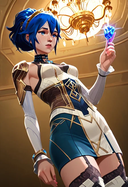 1girl, Lucina, (((elegant hextech corset with glowing blue gemstones and intricate gold filigree))), thigh-high stockings with circuit-like seams, electric-blue hair in a high ponytail, sapphire eyes gleaming with mischief, standing in a grand Piltover ballroom, chandeliers reflecting off her armor, holding a champagne glass filled with shimmering liquid, Dutch angle from below, cinematic lighting, hyper-detailed, 8k UHD, masterpiece
arcanstyle,
(((Cowboy shot)))
