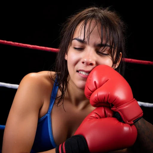 The image is a high-resolution photograph capturing an intense moment in a boxing match. The subject is a young woman with light skin and shoulder-length, wet, dark brown hair. She is wearing a deep blue sports bra and red boxing gloves. Her eyes are closed, and she has a determined expression, with sweat glistening on her face and neck. Her hair is slicked back, clinging to her forehead and cheeks due to the moisture. The boxing gloves of a male opponent are prominent in the foreground, with one glove making contact with her face, just below her eye. The gloves are bright red and appear slightly worn, with black wrist straps visible. The background is a dark, non-descript, likely a boxing ring, indicated by the presence of ropes in the background, which are a mix of red and blue, typical of boxing ring colors. The overall lighting is harsh, emphasizing the wetness and sweat on her skin and the impact of the punch. The image captures the raw, physical intensity of the sport, focusing on the moment of impact and the physical exertion of the boxer. The photograph is high-contrast, with the bright red of the gloves and the woman's face standing out against the dark background., f4ce-punch, face punch, punching, emphasis lines, punched, in the face, boxing gloves