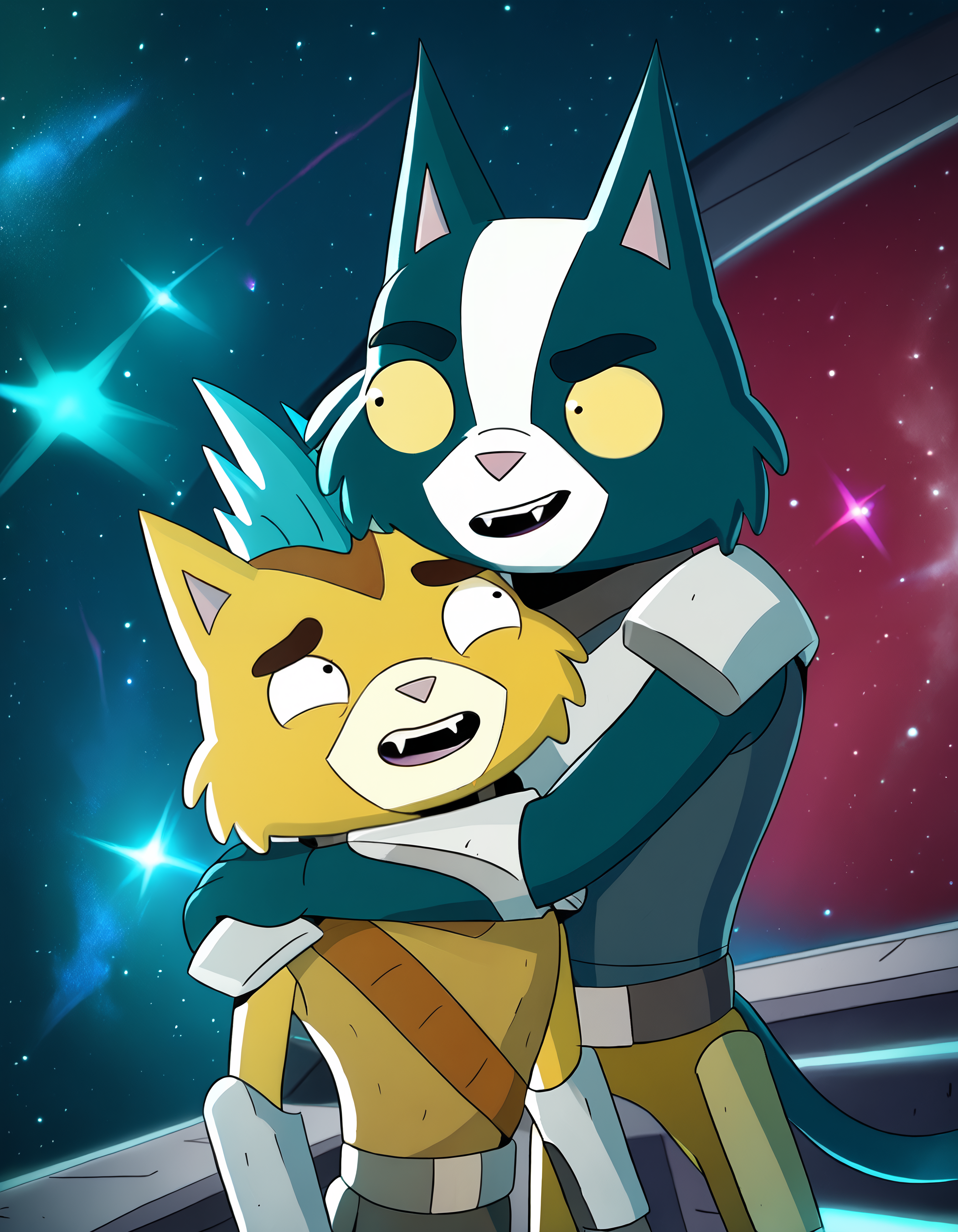 score_9, score_8_up, score_7_up, rating_safe,  detailed, <lora:add-detail-xl:1>, dutch angle, anthro, detailed body, hi res, hug, (looking to another, eye contact:1.15), <lora:Little_Cato_Final_Space:1.0>, <lora:Avocato_Final_Space:1.0>, av0cato, cat, multiple boys, 2boys, animal ears, furry male, open mouth, furry, fangs, colored sclera, male focus, cat ears, armor, yellow eyes, black eyes, cat boy, yellow sclera, sleeveless, standing, smile, teeth BREAK little cato, white sclera, yellow fur, blue hair, lens flare, (looking to another:1.15)  (detailed background, starship, space:1.25)