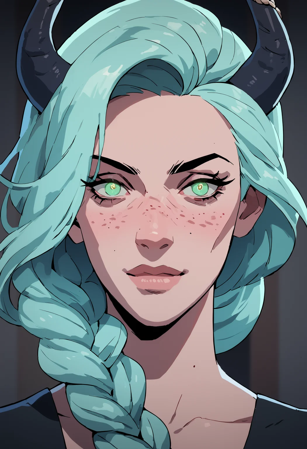 score_9, score_8_up, score_7_up, portrait, closeup, 1girl, dreamy eyes, ((devil horns)), mint blue hair, braided ponytail, freckles, sinister,
<lora:scav3ngersV4_epoch_1:1.8>
