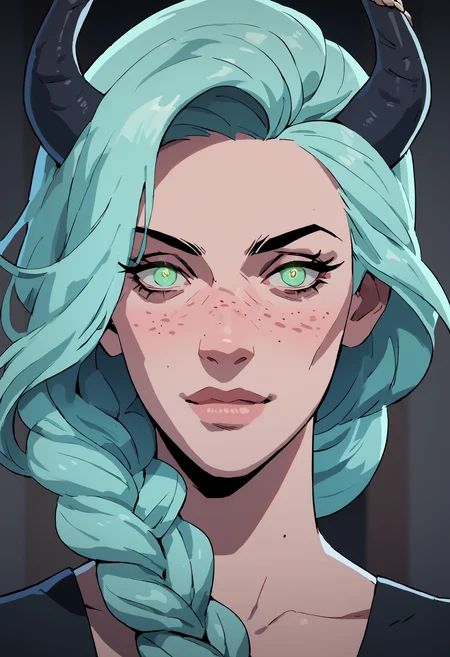 score_9, score_8_up, score_7_up, portrait, closeup, 1girl, dreamy eyes, ((devil horns)), mint blue hair, braided ponytail, freckles, sinister,
<lora:scav3ngersV4_epoch_1:1.8>