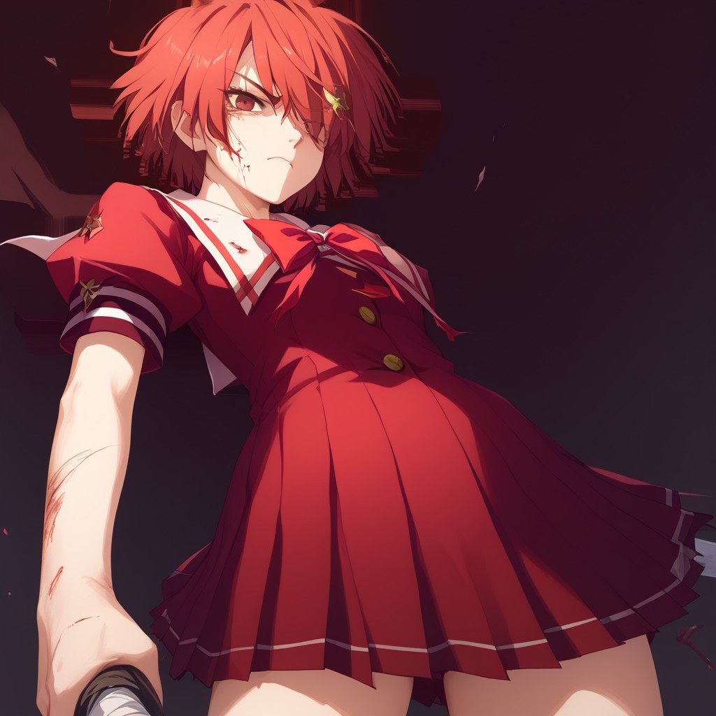 score_9, score_8_up, score_7_up, score_6_up, 1girl, hoshi_style, cel-shading, red hair, short hair, damaged clothes, holding katana, bloody, scars, low angle, gore, scowling, bang over one eye, red school uniform,