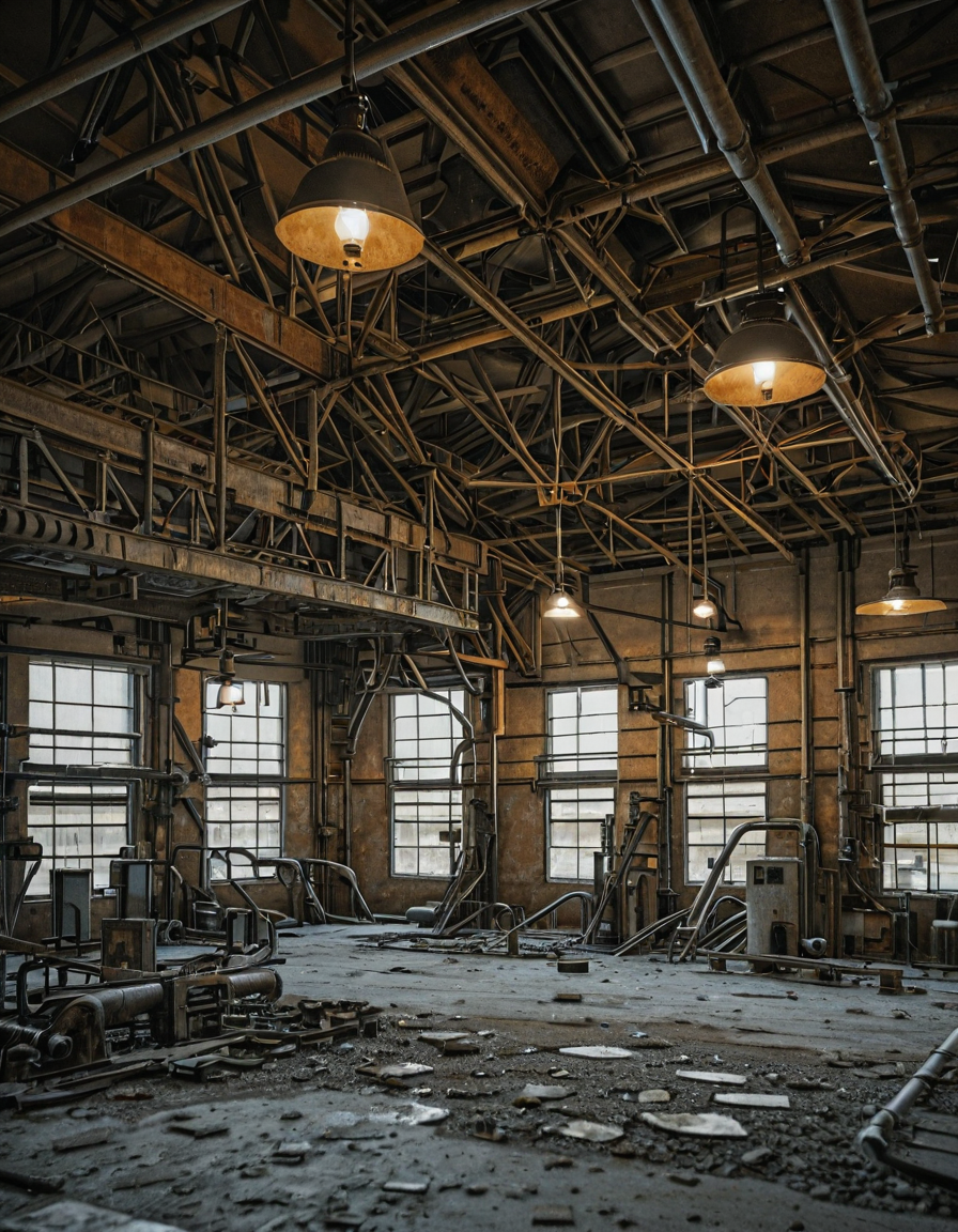 <lora:City_Worlds_02_Lost_Indusinc:1> cw02lost, indoors, abandoned, lights, rusty, broken machinery, pipes, concrete, metal structure, industrial, warehouse, vintage, iron beams, large windows, natural light, hanging lamps, high ceiling, structure, retro, metal, old building, factory, interior, exposed pipes, urban, nostalgic, spacious, muted colors