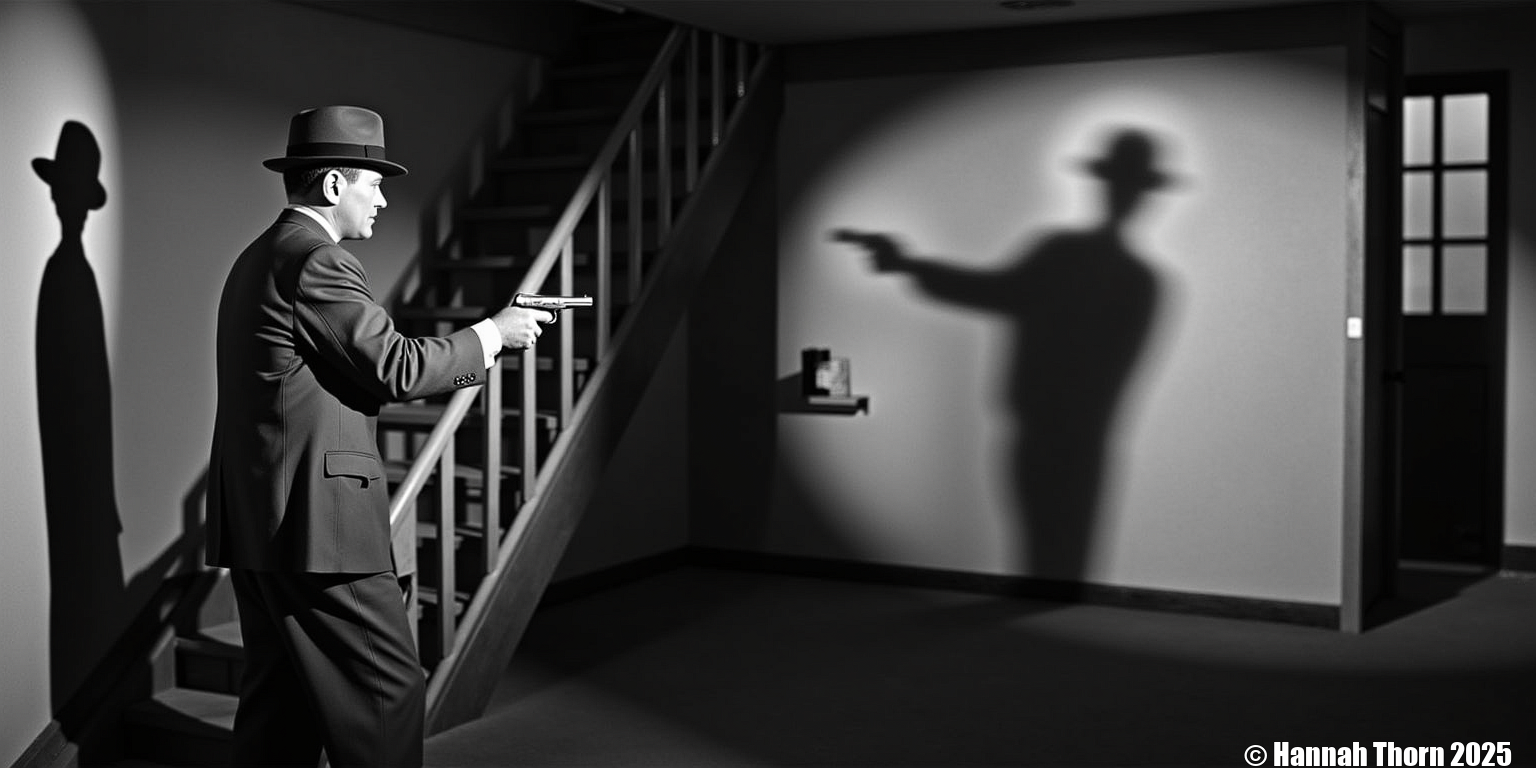 Detailed Description of the Picture: A black and white photograph depicts a scene of apparent confrontation. A man in a suit and hat, holding a pistol, stands in a room with a staircase. On the wall, a large shadow is cast, showing a figure also holding a gun, suggesting a confrontation between two armed individuals. The style is dramatic and suggestive of suspense.  Detailed Description of the Scene: The scene is set indoors, possibly in an attic or upper room of a building. There's a staircase with a visible banister, and a window is visible in the background. The room is plain and sparsely furnished, adding to the sense of tension. The lighting is stark and contrasts light and dark, highlighting the figures and the tension of the moment. The shadow on the wall is almost as prominent as the man holding the gun, making the shadow a strong visual element.  Style of the Photo: The photograph is in black and white, employing dramatic lighting and high contrast, characteristic of film noir style. The composition is carefully arranged to create suspense and highlight the confrontation between the man and the shadow. The use of shadows as a key element is a common technique in film noir to create mystery and intrigue.<lora:_Flux\_Film-Retro\Pre-Code_Hollywood-concept_2.safetensors:1.0:1.0>