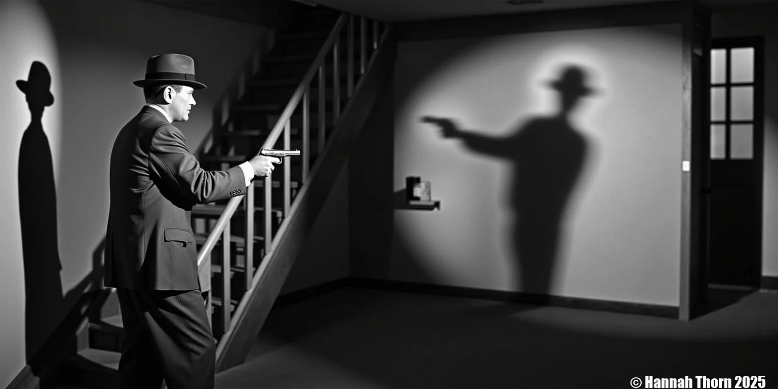 Detailed Description of the Picture: A black and white photograph depicts a scene of apparent confrontation. A man in a suit and hat, holding a pistol, stands in a room with a staircase. On the wall, a large shadow is cast, showing a figure also holding a gun, suggesting a confrontation between two armed individuals. The style is dramatic and suggestive of suspense. Detailed Description of the Scene: The scene is set indoors, possibly in an attic or upper room of a building. There's a staircase with a visible banister, and a window is visible in the background. The room is plain and sparsely furnished, adding to the sense of tension. The lighting is stark and contrasts light and dark, highlighting the figures and the tension of the moment. The shadow on the wall is almost as prominent as the man holding the gun, making the shadow a strong visual element. Style of the Photo: The photograph is in black and white, employing dramatic lighting and high contrast, characteristic of film noir style. The composition is carefully arranged to create suspense and highlight the confrontation between the man and the shadow. The use of shadows as a key element is a common technique in film noir to create mystery and intrigue.<lora:_Flux\_Film-Retro\Pre-Code_Hollywood-concept_2.safetensors:1.0:1.0>