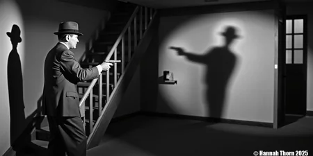 Detailed Description of the Picture: A black and white photograph depicts a scene of apparent confrontation. A man in a suit and hat, holding a pistol, stands in a room with a staircase. On the wall, a large shadow is cast, showing a figure also holding a gun, suggesting a confrontation between two armed individuals. The style is dramatic and suggestive of suspense.  Detailed Description of the Scene: The scene is set indoors, possibly in an attic or upper room of a building. There's a staircase with a visible banister, and a window is visible in the background. The room is plain and sparsely furnished, adding to the sense of tension. The lighting is stark and contrasts light and dark, highlighting the figures and the tension of the moment. The shadow on the wall is almost as prominent as the man holding the gun, making the shadow a strong visual element.  Style of the Photo: The photograph is in black and white, employing dramatic lighting and high contrast, characteristic of film noir style. The composition is carefully arranged to create suspense and highlight the confrontation between the man and the shadow. The use of shadows as a key element is a common technique in film noir to create mystery and intrigue.<lora:_Flux\_Film-Retro\Pre-Code_Hollywood-concept_2.safetensors:1.0:1.0>