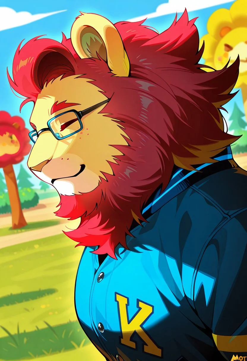 masterpiece,best quality,amazing quality, 1boy, solo, bara, face focus, mott_(animal_crossing), furry, male, lion, anthro, lion ears, facial hair, glasses, closed eyes, blue versity jacket, red mane, side angle, outdoors,