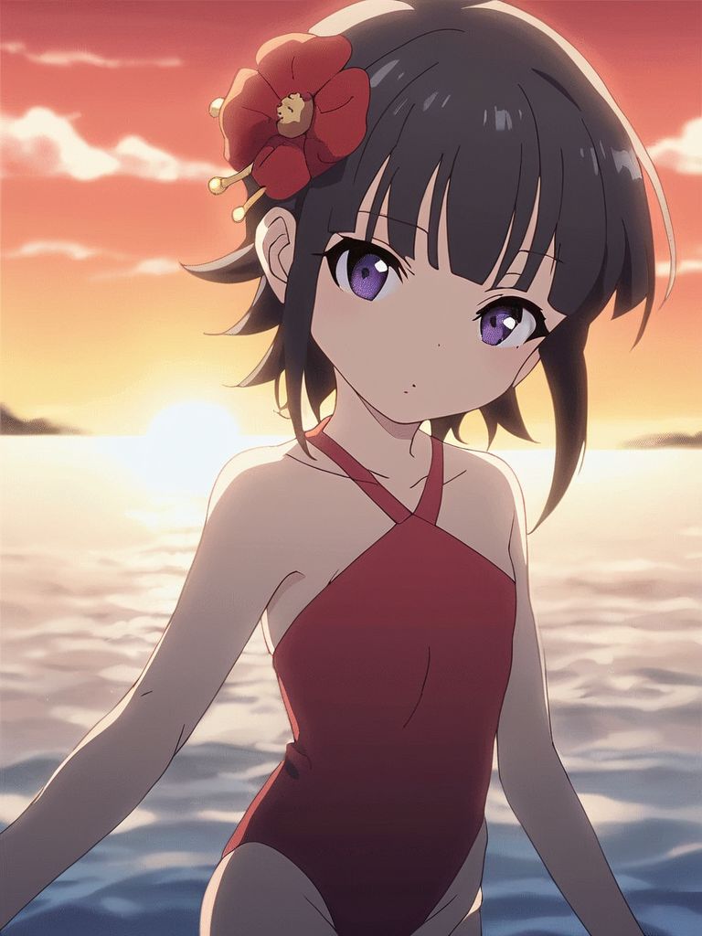 score_9, score_8_up, score_7_up, score_6_up, score_5_up, score_4_up, source_anime, rating_explicit, BREAK
 <lora:Suzu_XL:1> Suzu, 1girl, soro, hair ornament, purple eyes, hair flower, short hair, bangs, red flower,
masterpiece, best quality, high-res, POV, knk, blunt bangs, sidelocks, head tilt, flat chest, petite, small body, swimsuit, summer, beach, sea, cowboy shot, 
2010s \(style\), anime, anime_screencap, animated gif, mp4 ,video, animated,