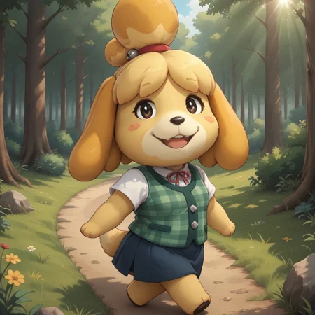 score_9, score_8, BREAK, solo, Isabelle_The_Dog_(Animal_Crossing), blonde hair, animal ears, furry, anthro female, furry female, dog girl, animal nose, topknot, skirt, office outfit, short sleeves, yellow skin, yellow skin female, self portrait, smile, looking at viewer, outdoors, sunlight, shadows, evening lighting, natural lighting, forest, trees, grass, orange sky, sunset