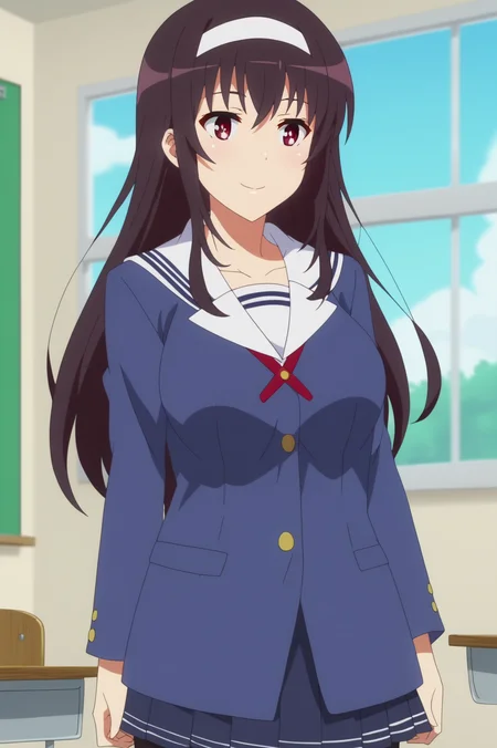 kasumigaoka utaha,anime screencap,1girl,solo,mature,long hair,hairband,white hairband,breasts,smile,school uniform,pantyhose, black pantyhose,classroom,window,sky,checkboard <lora:Kasumigaoka - PDLX2.safetensors:0.8> <lora:detailed_backgrounds_v2.safetensors:1>