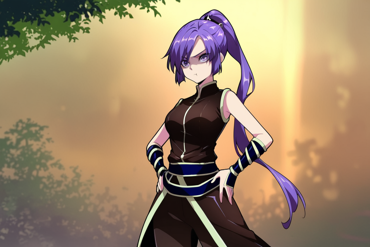 score_9, score_8_up, score_7_up, score_6_up, score_5_up, score_4_up, detailed, absurdres, flat shaded, 2D illustration, cel shaded, vibrant colours, sharp shading, hard shadows, clean linework, thick black outline, clean linework, dramatic lighting,
outdoors, 1girl, solo, standing, pout, hands on own hips,
 <lora:Lei Yu-Ting:0.7> Lei Yu-Ting, purple hair, purple eyes, ponytail, arm guards, sleeveless, chinese clothes, black pants, hair ornament