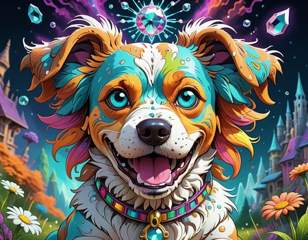 <lora:Daisy-Acid:.4> color line art,acid-art, trippy, daisyart, sketch, Magic-style dog, it is Biochemical and Mad, absurdres, epic atmosphere, magical, dslr, stunning, aesthetic, romantic, located artistic, extremely stylish, perfect background, sublime, dynamic composition,Hyperrealistic, crystal-clear,with super sharp details and vivid colors, intricate textures, and pristine clarity