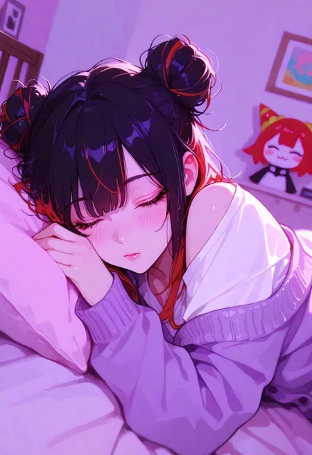 Flat colors, high detailed, high quality, masterpiece, best quality, very awa, absurdres, detailed eyes, detailed face, detailed skin, simple background, BREAK
(colourful:1.3), (cute character:1.5), 1girl, 25 years old, perfect face, full body shot, adult, detailed face, lying on bed, sleeping, depth of field, looking at viewer, blush, multicolored hair, black hair, red hair, hair bun, double bun, messy hair, white shirt, purple cardigan, off shoulder, bedroom, detailed background, soft pastel colours, warm and sunny atmosphere,
748cmstyle, artist:moriimee